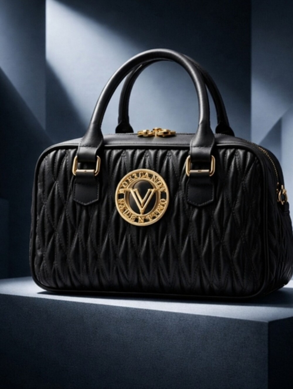 NWT Valentino Orlandi Black Quilted Leather Crossbody Satchel Gold V Logo - Picture 10 of 13